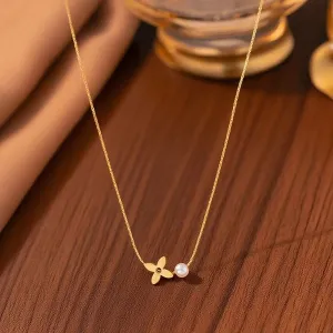 Stainless Steel Four Leaf Pearl Choker Necklace 